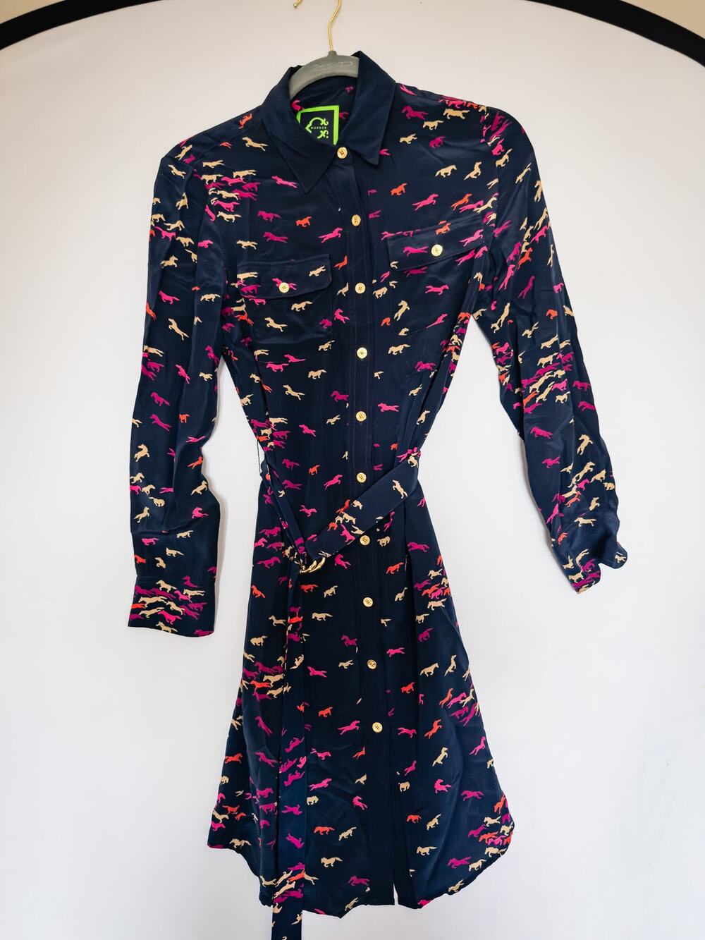 C. Wonder Button up shirt dress with belt Navy multicolor Print 100% Silk Sz 2